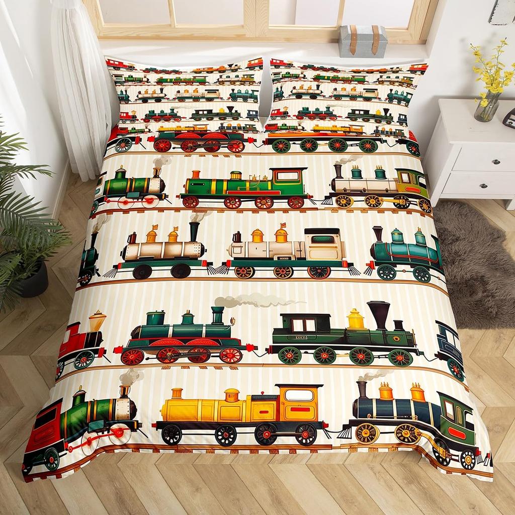 Cartoon Zug Bettwäsche Set Full Queen King Vintage Dampflok Bettdeckenbezug, Reise Eisenbahnstrecke Transport Bettbezug