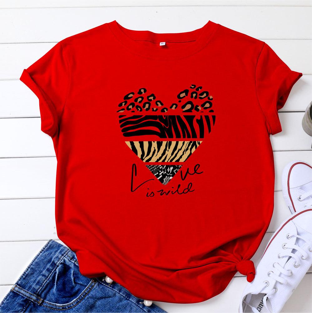 Polyester  100%  Women s Leopard Print Heart Letter Pure Polyester Short-sleeved T-shirt. Women T-shirt S