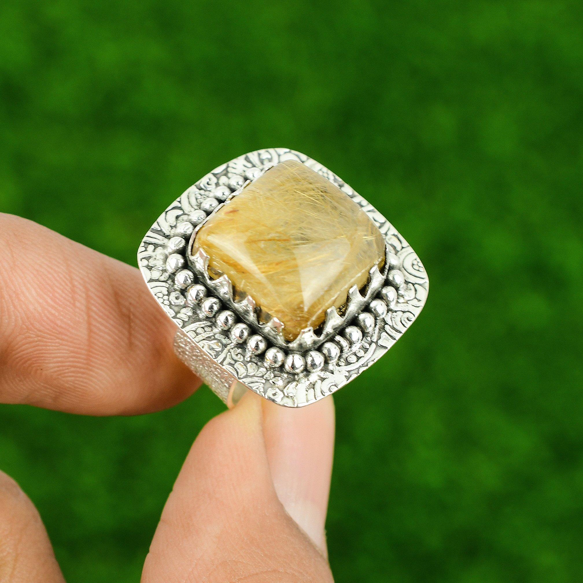 

Sterling Silver Golden Rutile Gemstone Unique Promise Wedding Ring Jewelry US 7 7