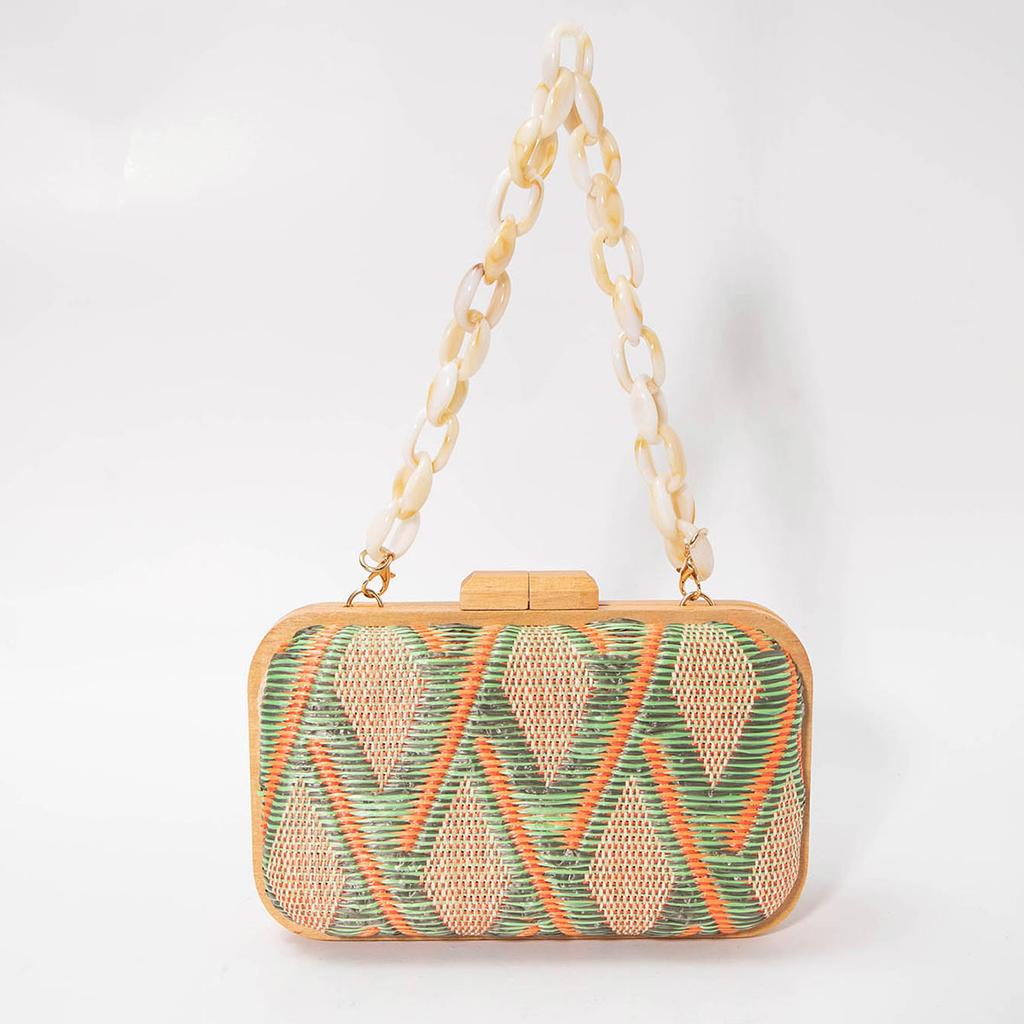 Modische Holzclip-Kupplungstasche für Damen Acrylketten Damen-Schultertaschen Geometrische Muster Handtaschen Sommer Strandparty-Portemonnaies