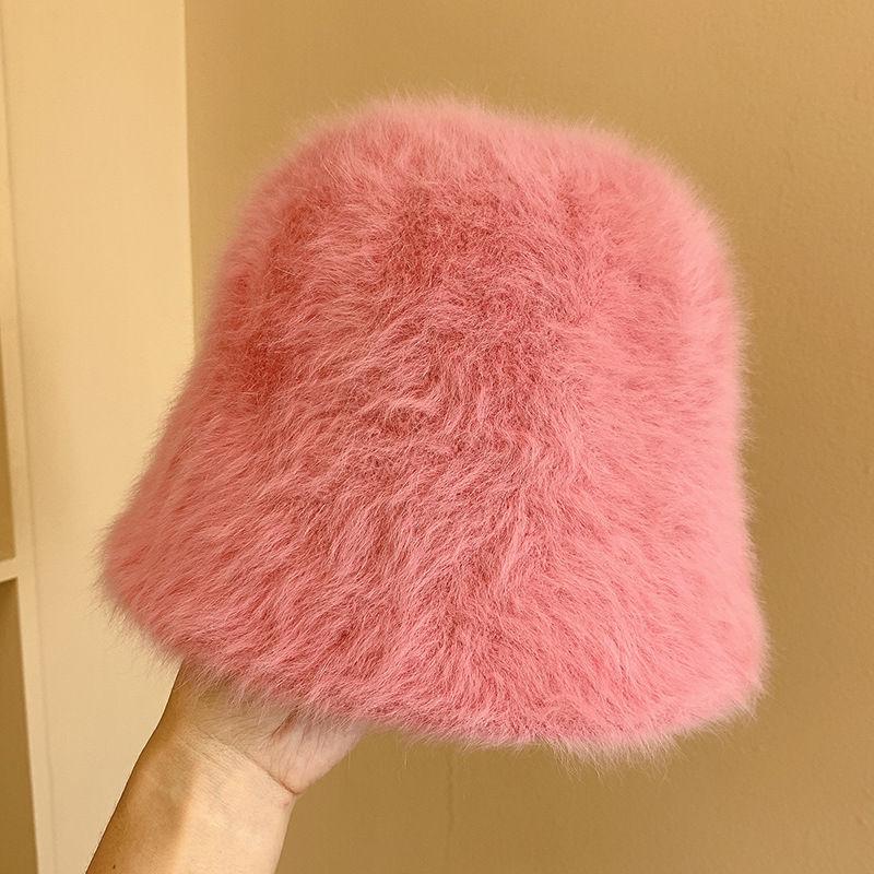 Winter Women's Fashion Solid Color Rabbit Fur Hat Bucket Hat Fisherman Hat Outdoor Warm Basin Hat Ladies Panama Bucket Hat