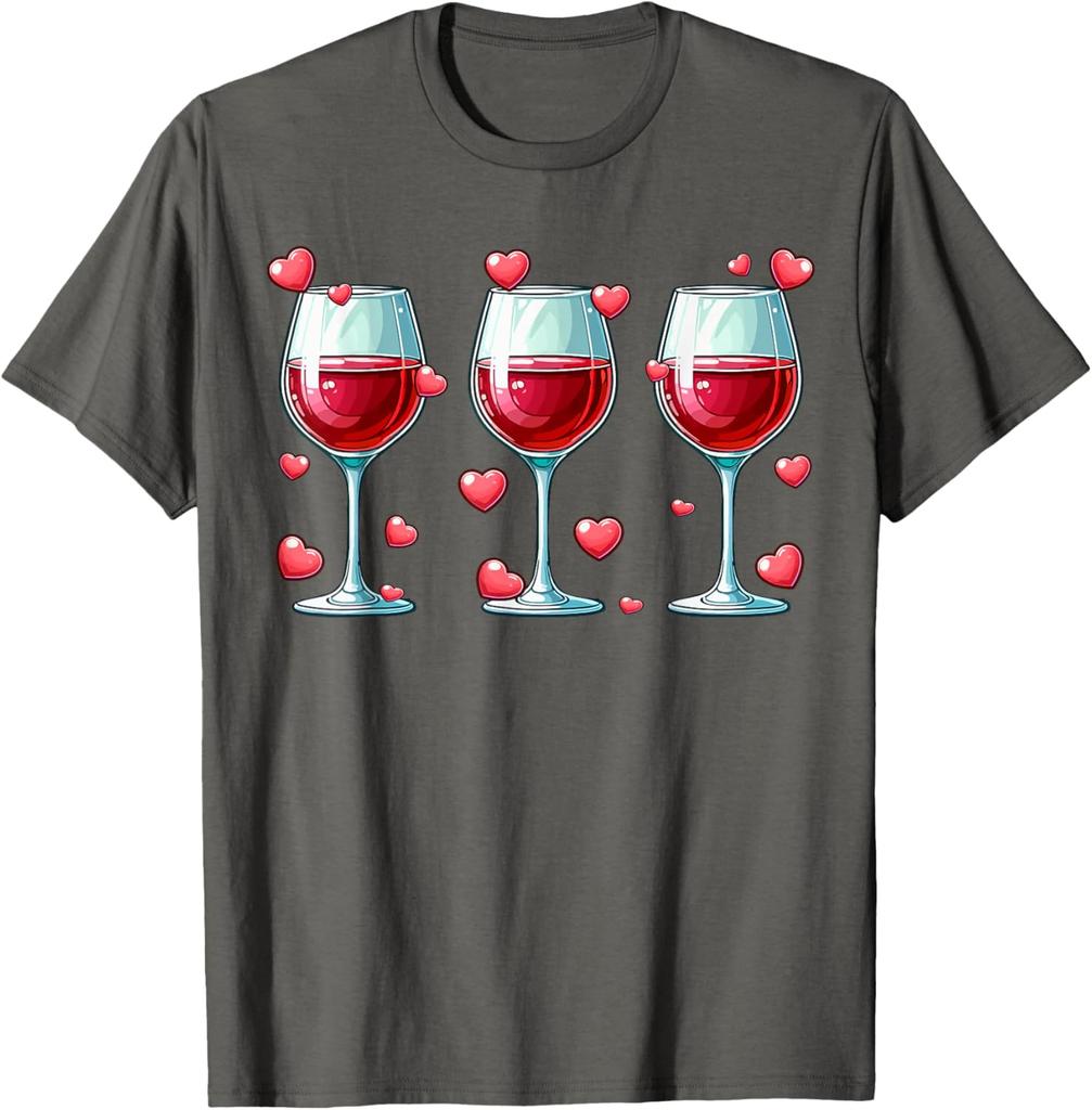 Red Wine Glasses Hearts Valentine Drinker Couple Lovers Graphic Tee Casual T-Shirt