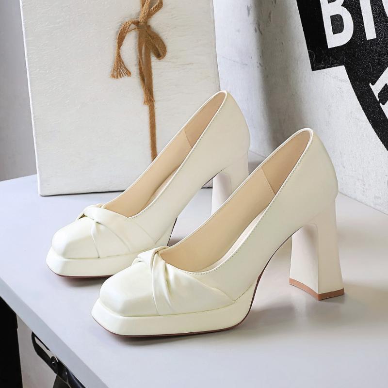 Fashion Waterproof Platform Bow High Heels Super High Heels Thick Heels Women's Shoes Square Toe Elegant Shallow Mouth Single Shoes Wome