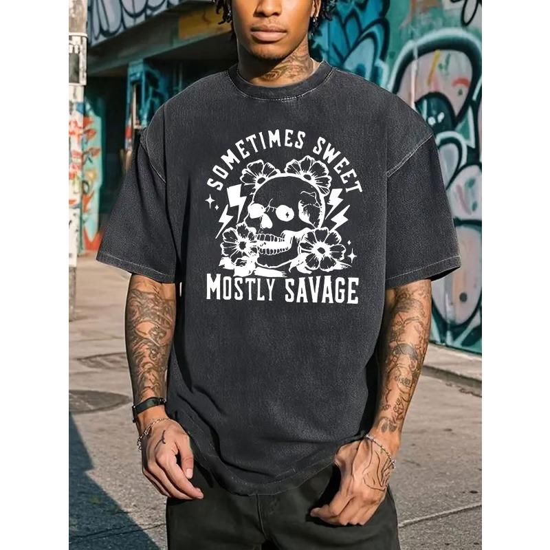 

Men s Vintage Streetwear T-Shirt with Heavy-Distressed Skull & Savage Print - Soft Breathable Fabric, Loose Fit Round Neck Short Sleeve Tee S чёрный