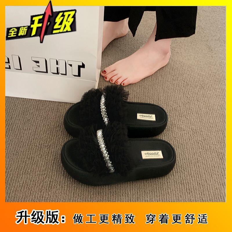 Casual one-word rhinestone slippers lace 2025 summer new soft bottom fashion fairy comfortable thick bottom versatile sandals