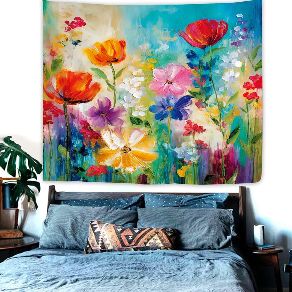 Vibrant Floral Wall Tapestry Boho Home Decor Abstract Flower Art Botanical Watercolor Painting Canvas Hanging for Living Room De