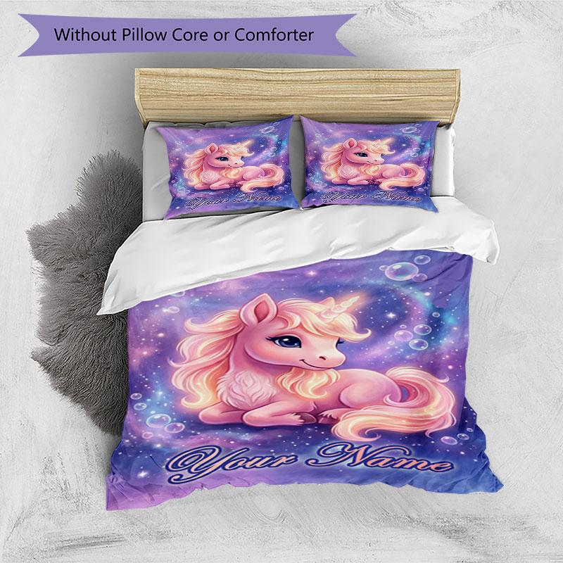 3PC Custom Name Magical Unicorn Fantasy Bedding Set Duvet Cover Closure Includes 1 Duvet Cover & 2 Pillowcases for Bedroom
