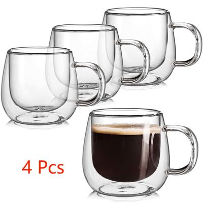 Skleněné hrnky na kávu JZ s dvojitou stěnou 10 oz Sada 4 izolovaných čirých šálků na čaj s uchem, ideální pro espresso, latte a