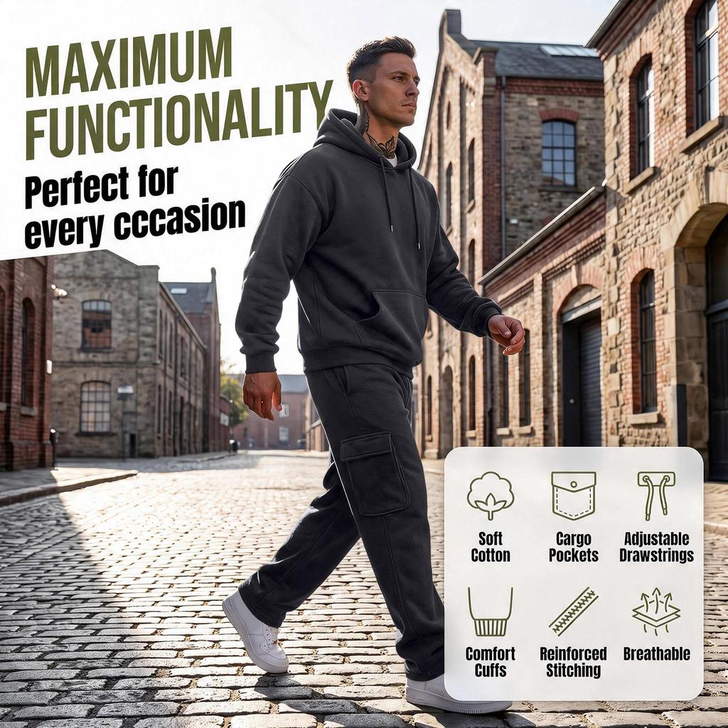 Men's 2-Piece Outfit Set, Hooded Sweatshirt and Cargo Straight Leg Pants, Casual Streetwear