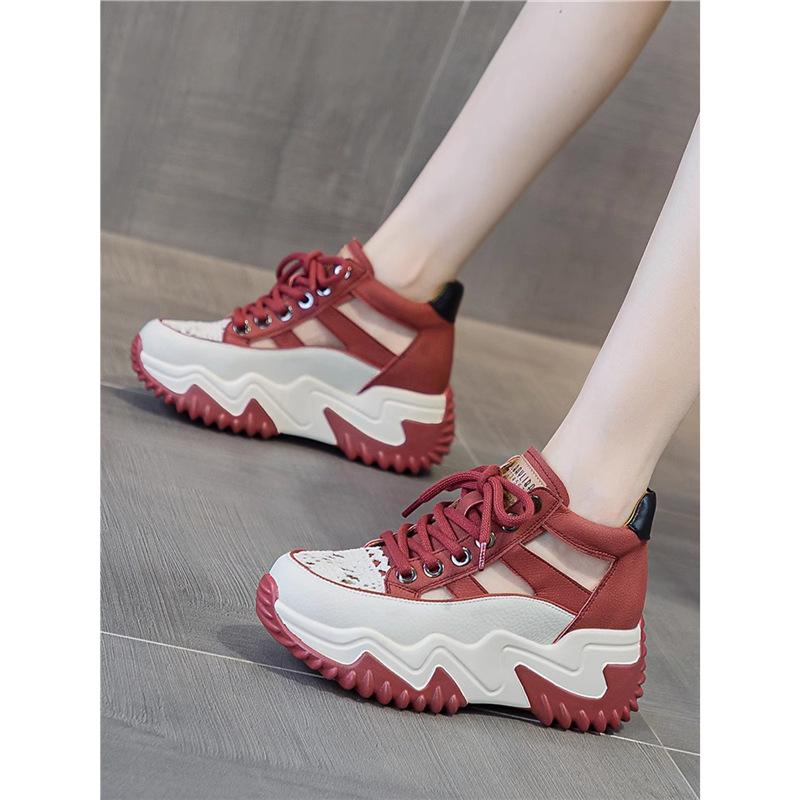 New Lace-up Thick-soled Heightening Dad Shoes for Women 2025 Summer Versatile Fashion Contrasting Colors Hollow Breathable Sports Shoes for Women