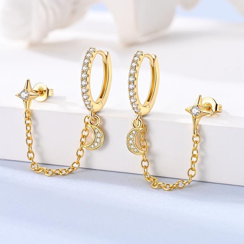 925 Silver Gold Color Star Moon Chain Stud Earrings for Women Girl Ear Studs Fine Jewelry Fashion Luxury Anniversary