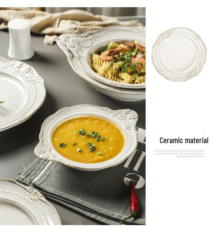 Set de Veselă Ceramică în Stil European cu Relief: Farfurii de cină, Boluri de orez, Boluri de salată și Farfurii pentru friptură