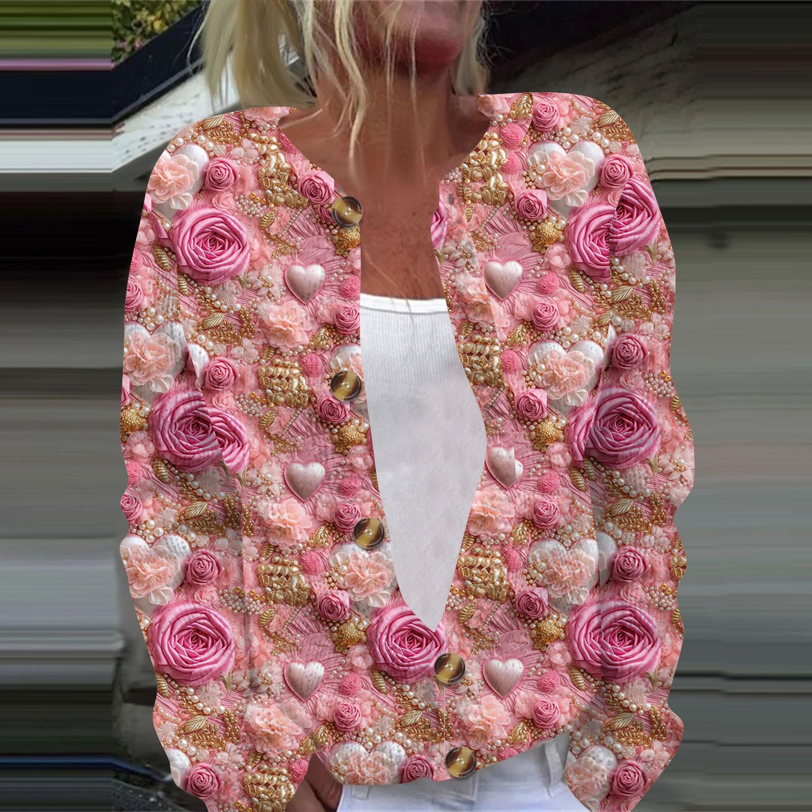 

Женская повседневная мода с принтом, длинный рукав, кардиган, куртка на пуговицах XXL розовый