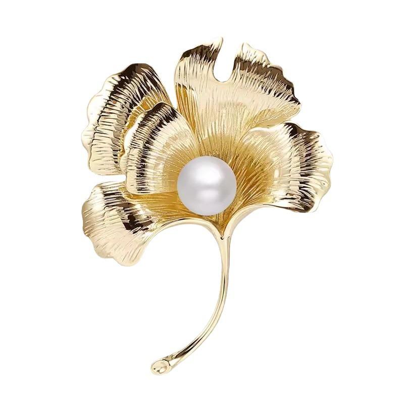 Broșă Retro Mugur de Caise, Corsaj Exquis cu Frunză de Ginkgo Biloba și Perlă pentru Femei de Înaltă Calitate, Pin cu Design Nișat, Costum și Accesorii