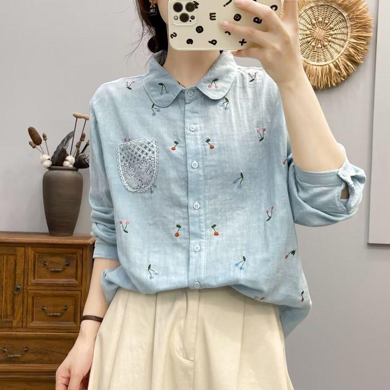 

Embroider Long Sleeves Shirt Women s 2024 Artsy Fresh Sweet round Neck Lace Pocket Easiest for Match Double-Layer Yarn Shirt Light Blue M 49.00 kg-65.00 kg