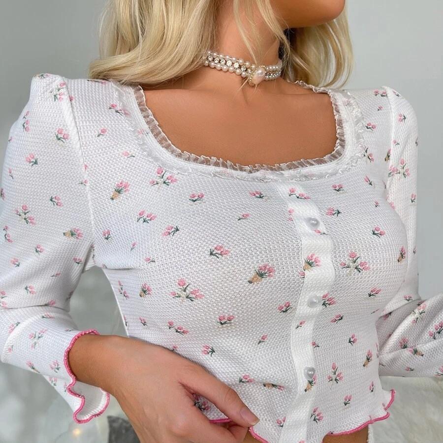 VEZFAA Damenmode Casual Frühling Herbst Blumenmuster Druck Langarm Quadrat Kragen Hosen Hosen Anzüge