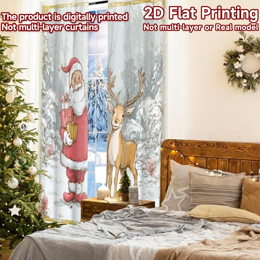 2pcs, 2D FLAT PRINTING Curtains (Without Rod) Santa and Reindeer Halloween Festival Creative Curtains Machine Washable Fabric
