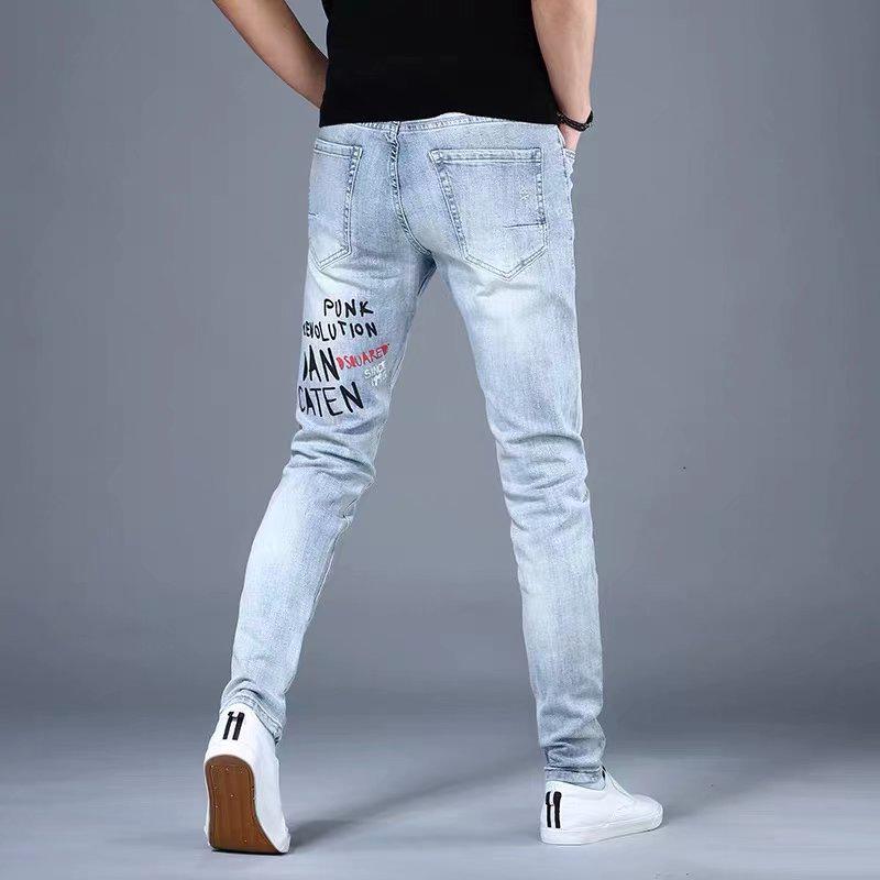 Men's Trendy European Light Blue Slim Jeans - Spring/Autumn Korean-Style Printed Skinny Trousers