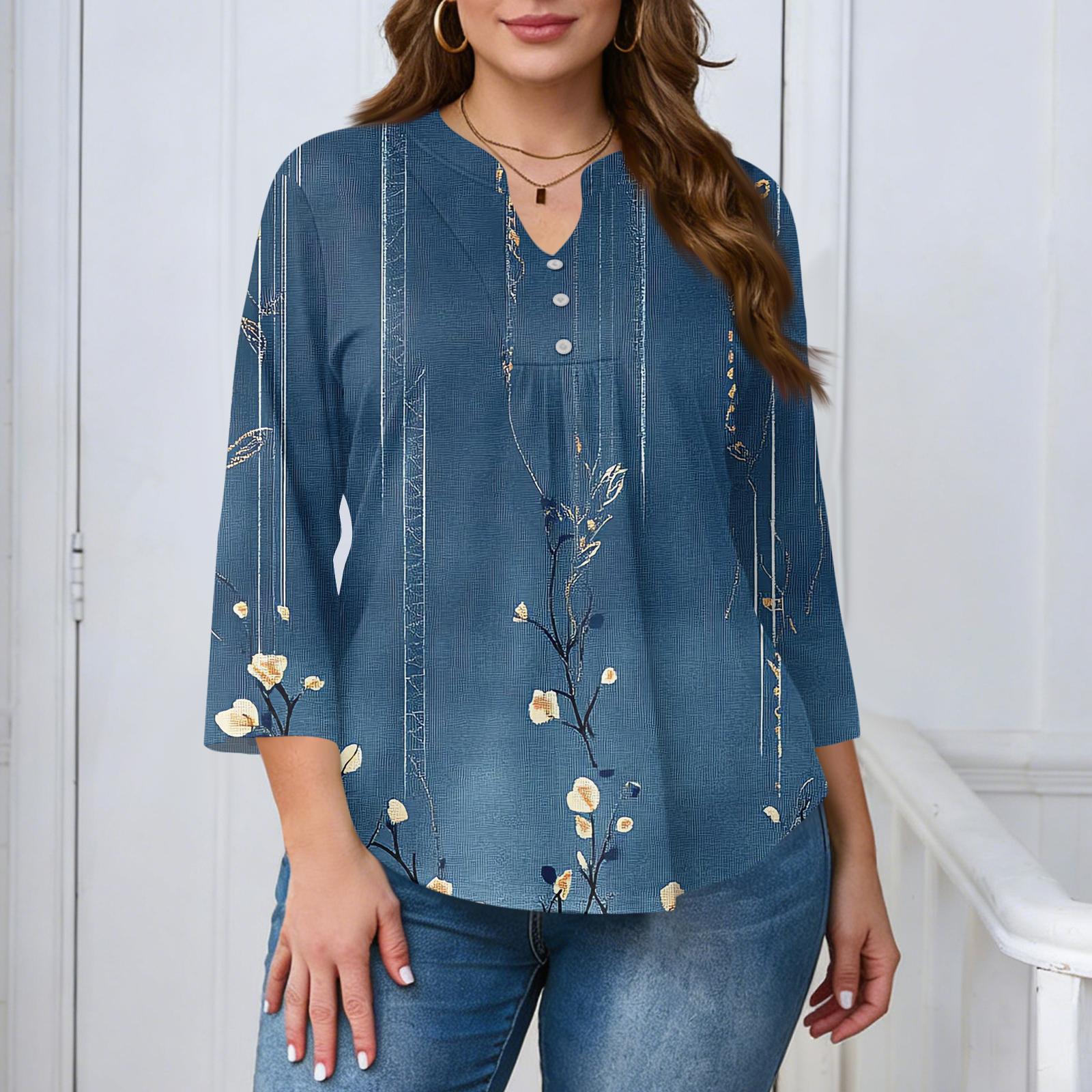 

Women s Plus Size Fashionable Casual Loose Fit Three Quarter Sleeve Elegant Button Up V Neck Top XXXXL Темно-синій