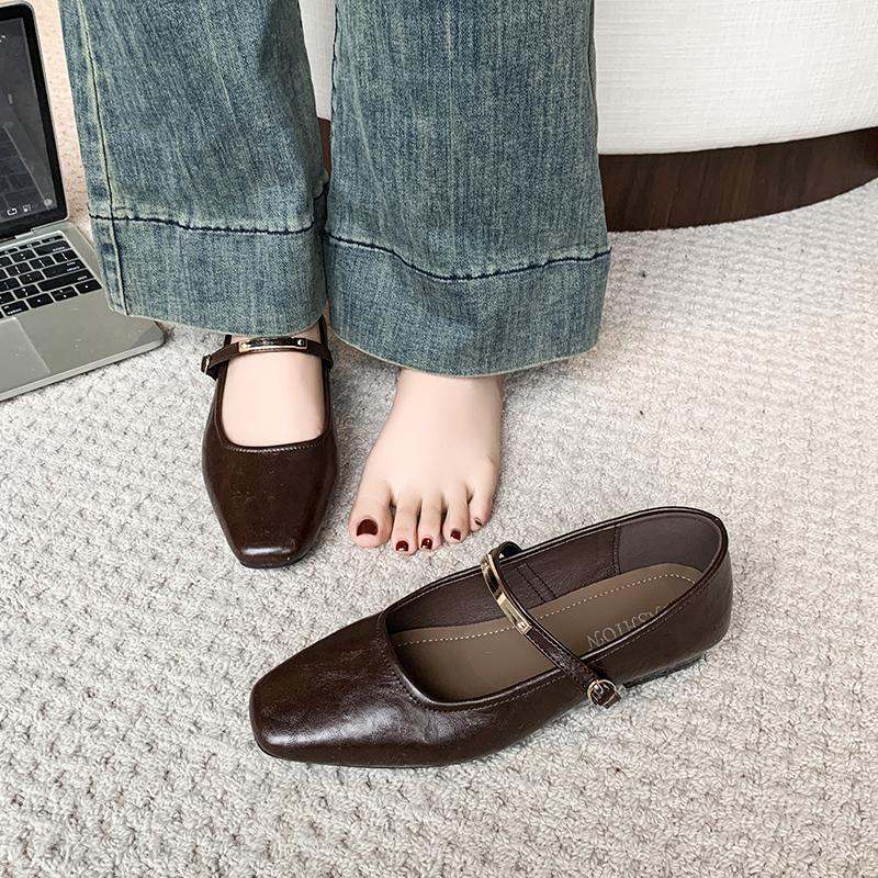 Fashion 2025 New Genuine Shoes Mary Janes Square Toe Low Heels Solid Color Offcie Dress Daily Female Shoes