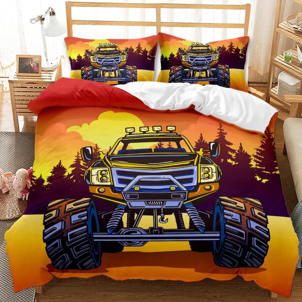 Truck Duvet Cover Set Automobile Blue Monster Pickup Truck Off Road Vehicle Bedding Set For Boys King Size Quilt Cover