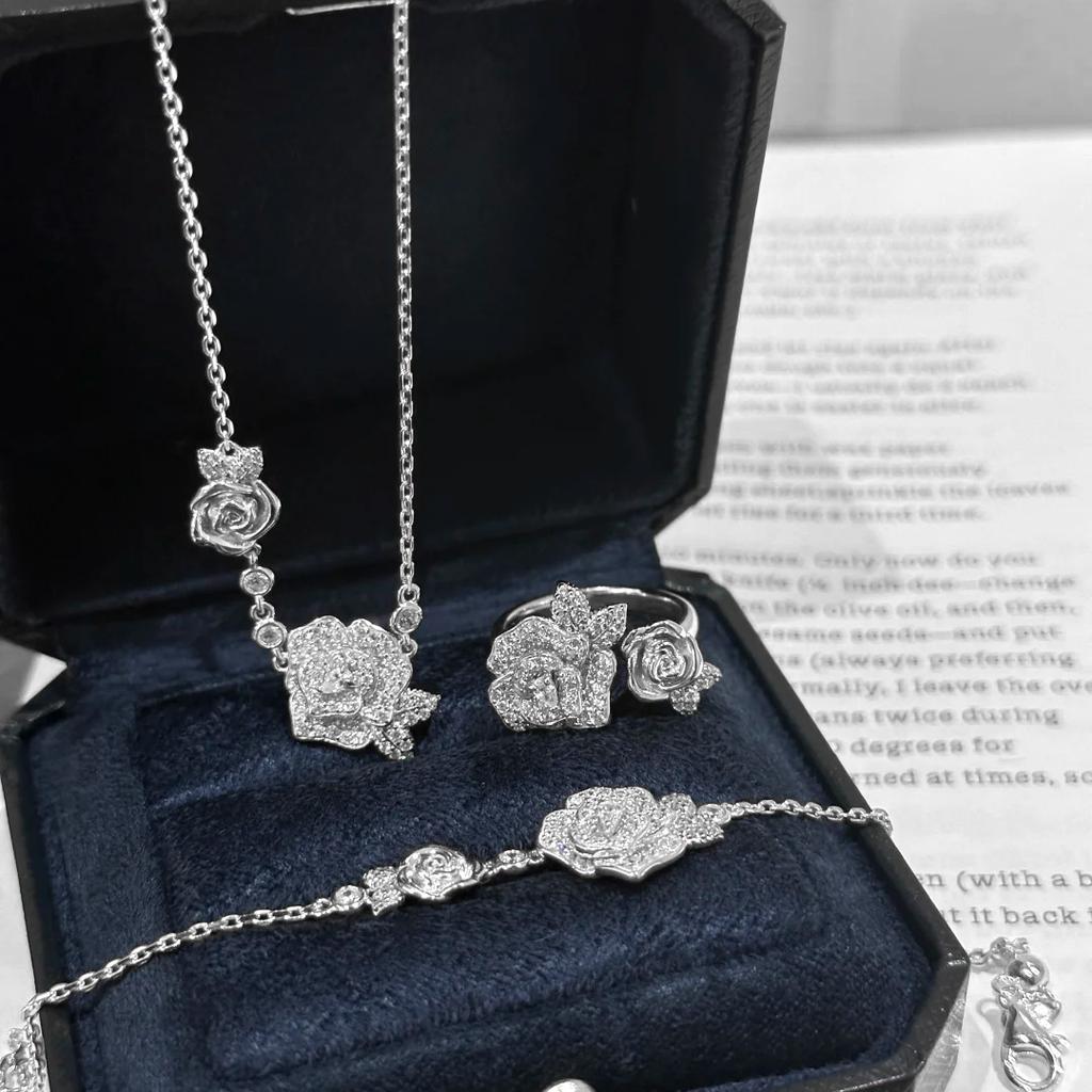 French Retro Gold Color Double Rose Flowers Design Inlaid with Full Zircon Necklaces Bracelets Rings Zircon Sets For Women
