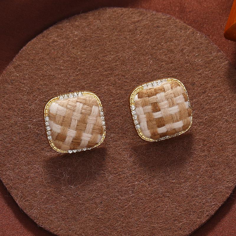 Vintage Morandi square stud earrings s925 silver needle with diamonds autumn and winter femininity personalized fabric ear jewelry
