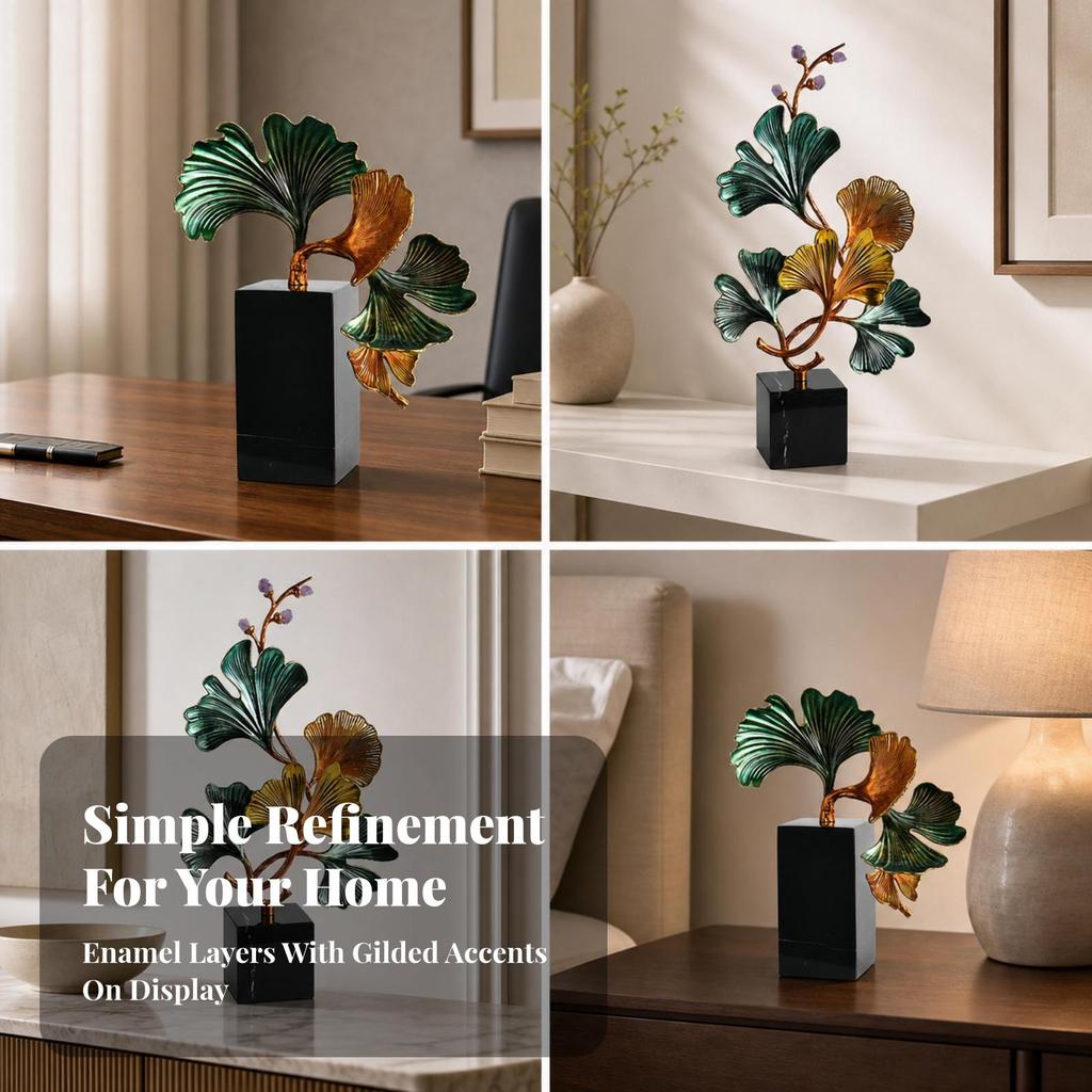 Ginkgo Leaf Sculpture Freestanding Metal with Stone Base Metalized