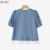 ZANZEA Women Casual Round Neck Summer Short Sleeve Lace Splice Blouse