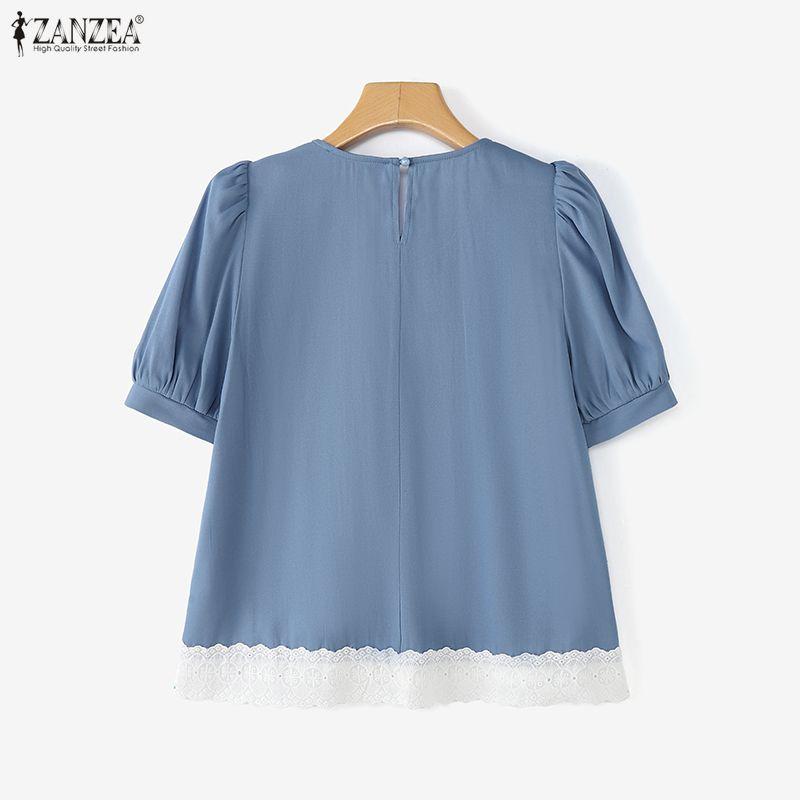 ZANZEA Women Casual Round Neck Summer Short Sleeve Lace Splice Blouse