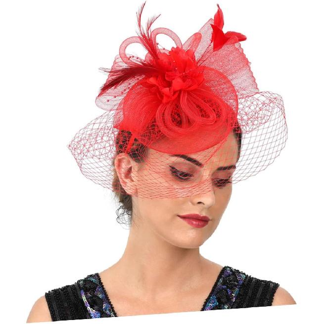 MAGICLULU Fascinator Hat with Mesh Flower and Plume Decoration, Red Cocktail Headband Hair Clip for Women, Tea Party and Wedding Special Occasion