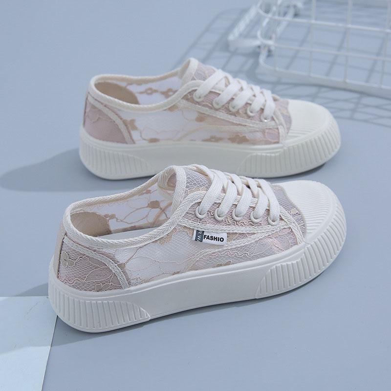 2025 Spring Korean Versatile Internet Celebrity Little White Shoes for Women Instagram Trendy Casual Lace Thick Soled Transparent Mesh Shoes for Women