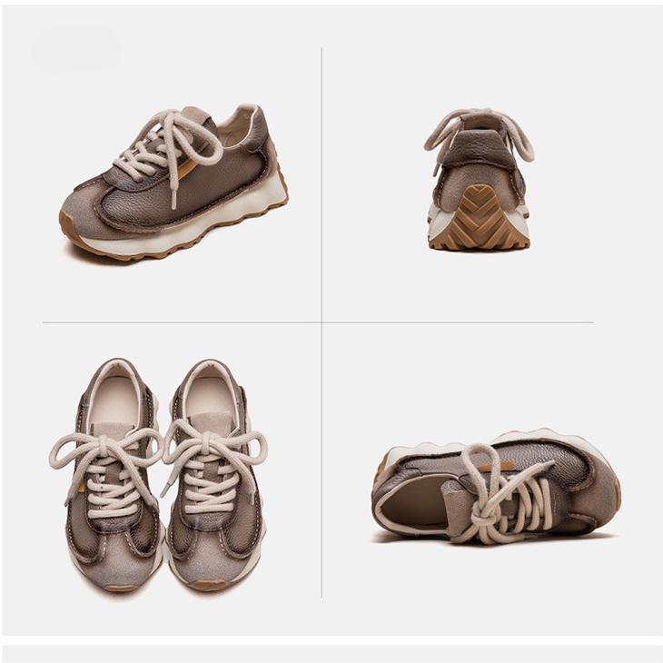 Johnature Genuine Leather Sneakers Versatile Casual Sports Shoes Round Toe Lacd-up Women's Flat Shoes