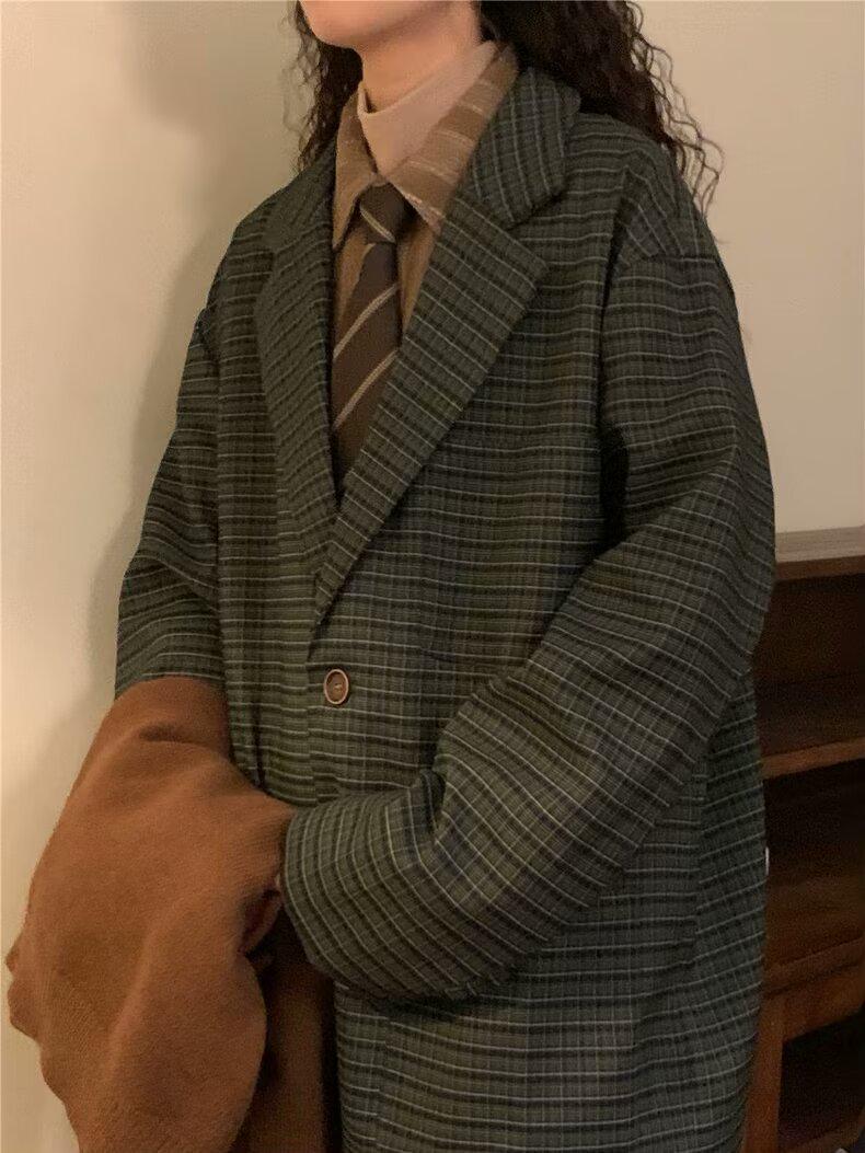 

Женский ретро-пиджак в японскую клетку 2025 года - Винтажный свободный стиль Merade M зелёный