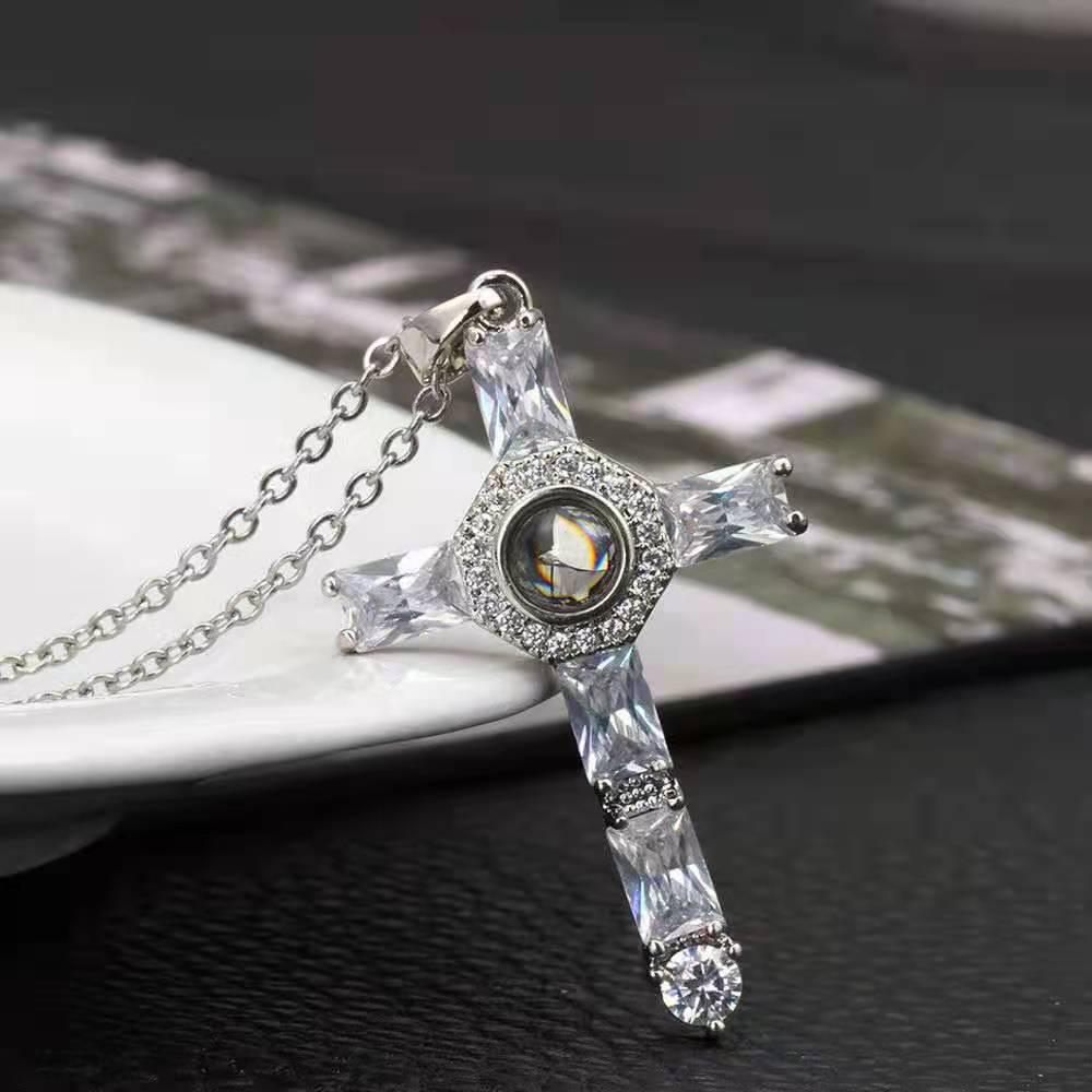 European & American Crystal Cross Projection Pendant Necklace with Diamond Accents