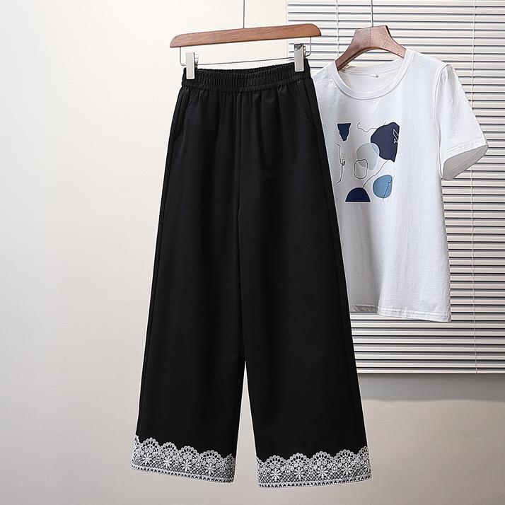 DIMANAF Plus Size Pants Women Spring Summer Solid Lace High Waist Casual Harem Pants Loose Wide Leg Pants 5XL