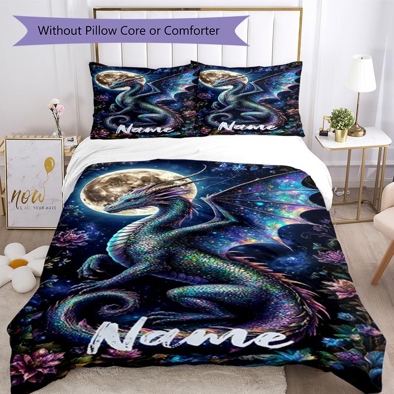 3pcs Custom Name Dragon Bedding Set Duvet Cover Closure Includes 1 Duvet Cover & 2 Pillowcases, Soft and Comfortable for All Seasons.