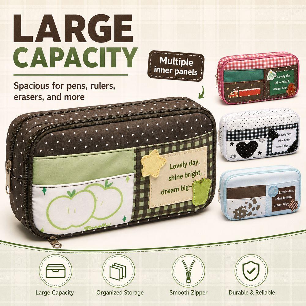 Polka Dot Zipper Pencil Pouch Patchwork Style Pen Storage Bag  Everyday Storage
