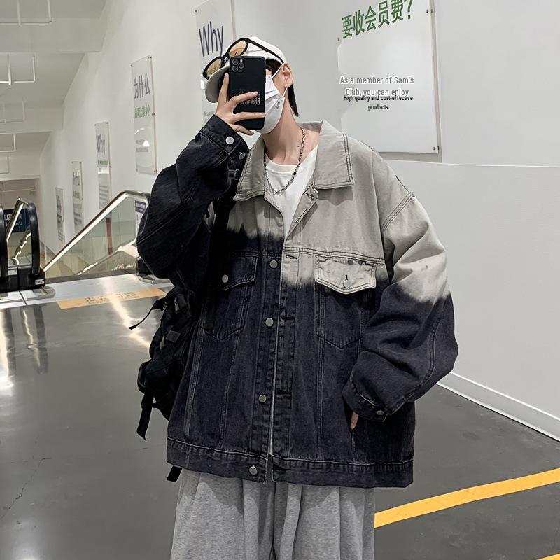 Men's Autumn Retro Gradient Color Denim Jacket - Loose Fit, Korean & Hong Kong Style, Unisex Color Block Design