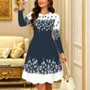 Women Long Sleeve Round Neck Midi Dress Retro Grid Line Small Floral Print Flared Casual Dress