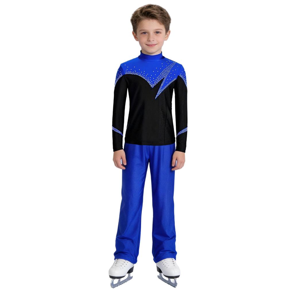Kids Boys Figure Skating Outfit Mock Neck Long Sleeve Back Invisible Zipper Color Block Shiny Rhinestones Top with Elastic Waistband Pants Competition