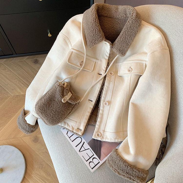 Women's Korean Style Suede Lambswool Leather Fur Jacket: 2025 Autumn/Winter Petite, Loose, Thickened Top