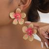 One Pair of Pink Enamel Five-Petal Flower Earrings with Pleated Design for Women.
