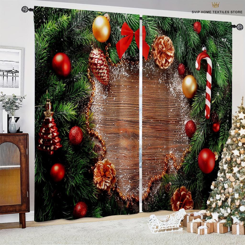 Christmas Animated Design Pattern Print Curtain, Snowflake Ball, Burgundy Car, Bedroom, Restaurant, New , Holiday Party Decoration, 2 Pcs