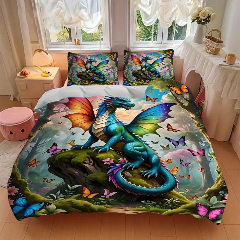 3pcs Butterflies and Dragons Bedding Set, Includes 1 Quilt Cover and 2 Pillowcases, Comfortable Bedding with Stylish Design for Bedroom