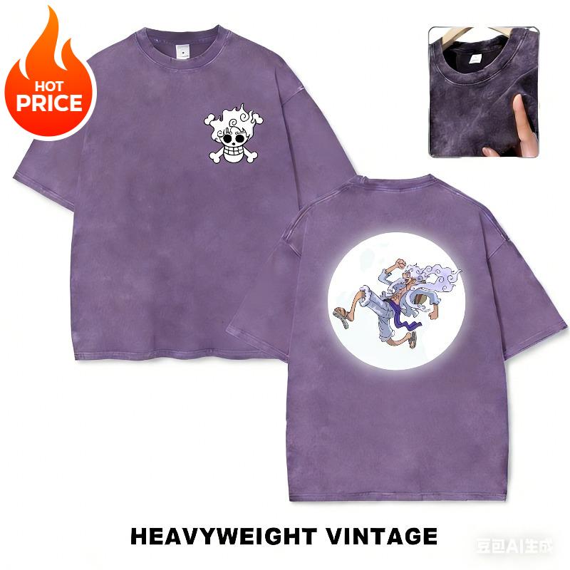 

One Piece Nika Luffy Harajuku Summer Washed T-shirt Men Vintage Streetwear Loose Women Casual Sports Short-sleeved Top Tee S