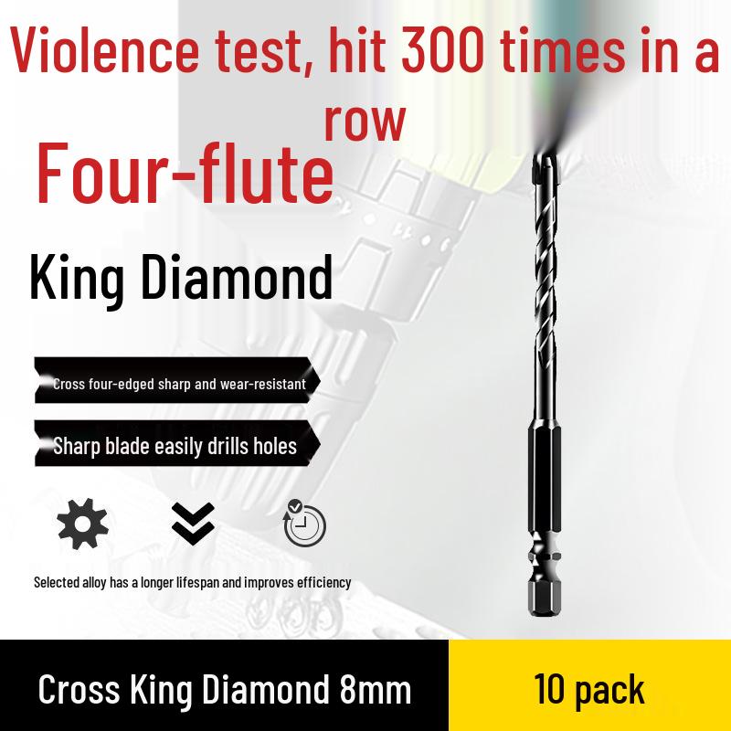 Impact Hex Shank Four-Blade Cross King Drill Bit for Concrete, Tile, and Glass