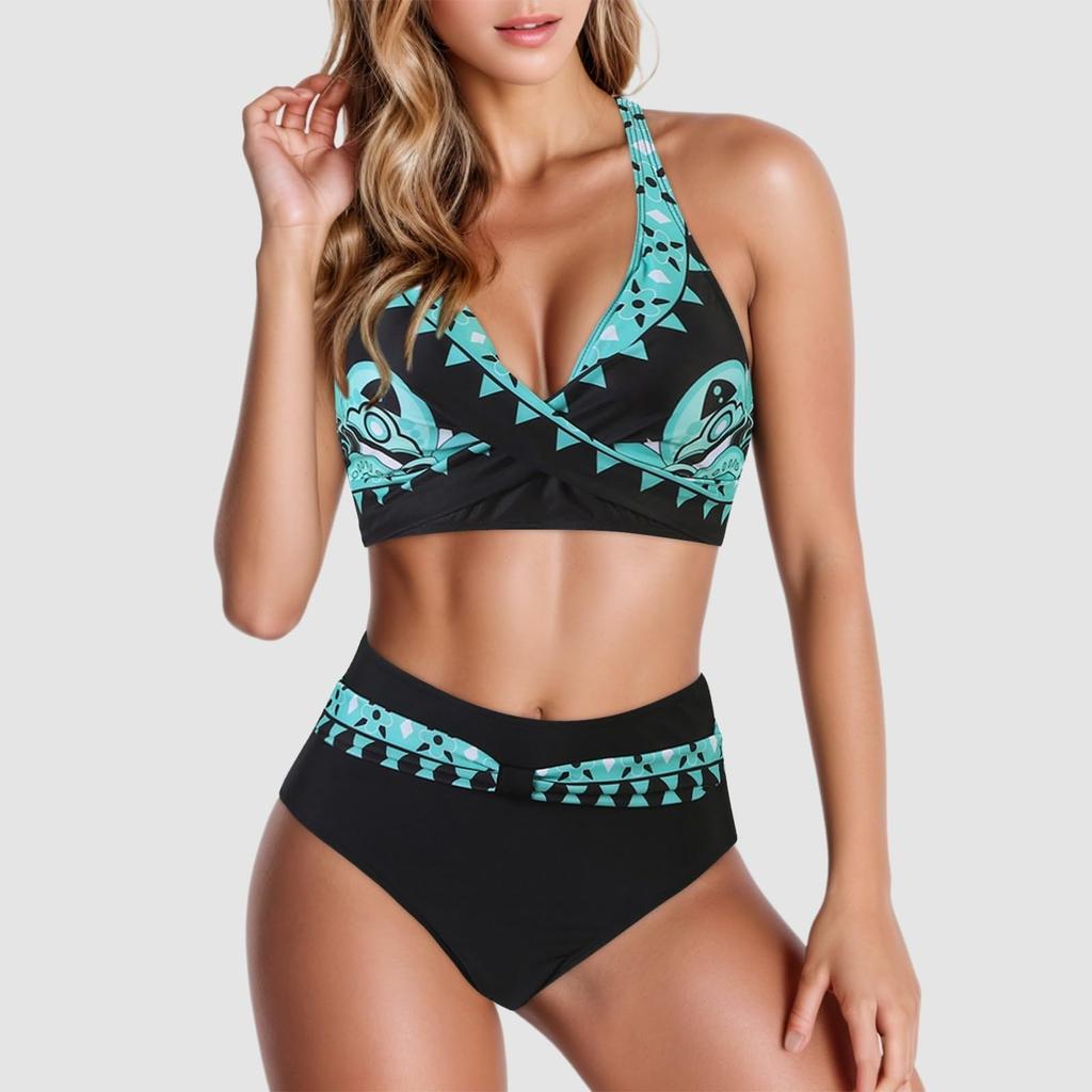 Women's High Waist Bikini Set V Neck Two Piece Swimsuit Color Block Front Twisted Swimsuit