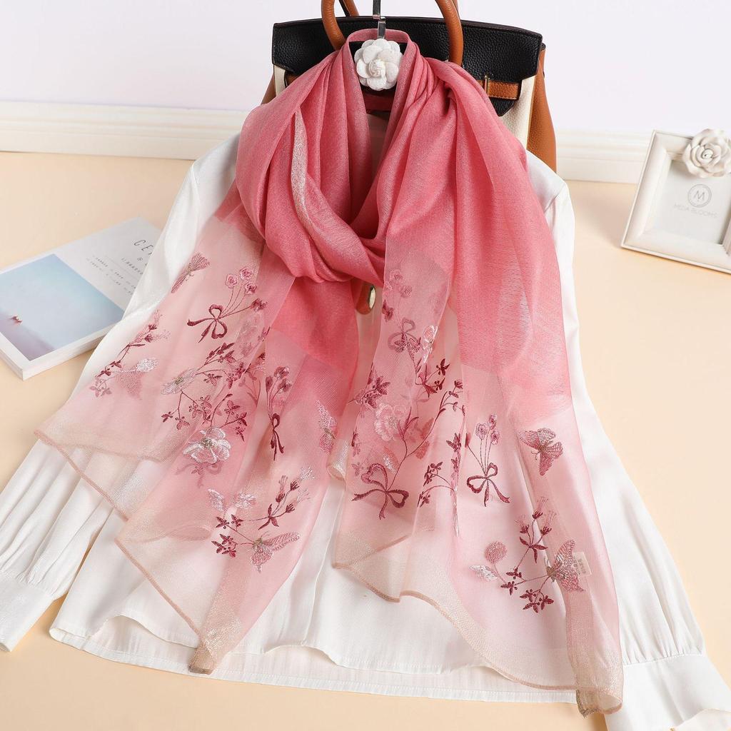 Autumn And Winter Simulated Silk Sunscreen Embroidery Long Silk Scarf Temperament Versatile Shawl Warm Embroidery Scarf Women