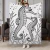Monochrome Seahorse Zentangle Flannel Throw Blanket - Soft And Warm Black And White Line Art Ideal for Couch, Bed, Office And Travel Perfect Gift for